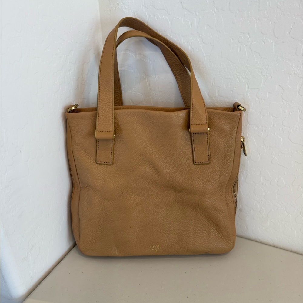 Fossil Preston Expandable Pebbled Leather Shopper Tote Tan EUC